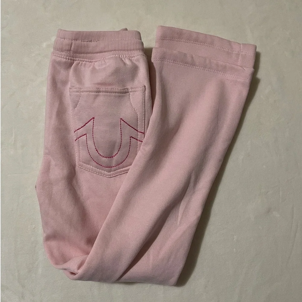 True Religion Girls Pink Flare Sweatpants Horseshoe Logo Small 7/8 Casual School